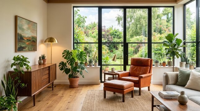 Bright sunroom interior with mid century modern furniture lush plants and large garden view