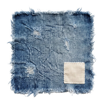 Distressed blue denim patch with white stitched cotton fabric