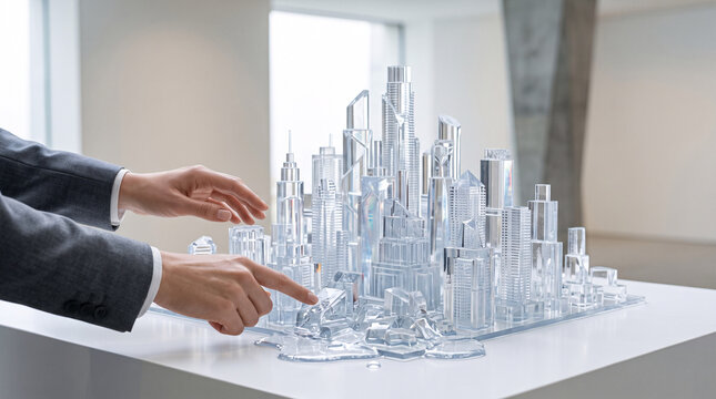 Mains ajustant une maquette de ville en verre partiellement fondue