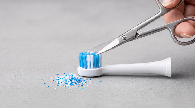 Ciseaux coupant les poils d&rsquo;une brosse &agrave; dents en gros plan