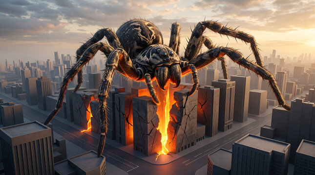 Araign&eacute;e g&eacute;ante d&eacute;truisant une ville en feu dans une sc&egrave;ne apocalyptique
