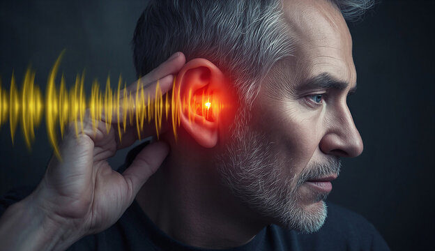 A man listening intently with his ear against a visual representation of sound waves.