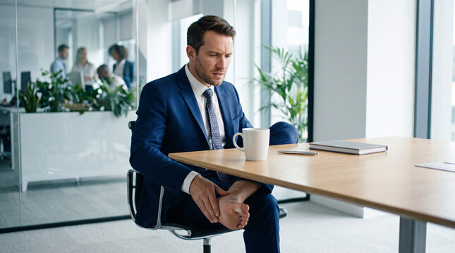 Homme d&rsquo;affaires massant son pied douloureux sous une table de bureau