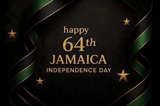 Elegant patriotic background displaying the text Happy 64th Jamaica Independence Day luxurious black, green, and gold ribbon elements, golden stars, light rays