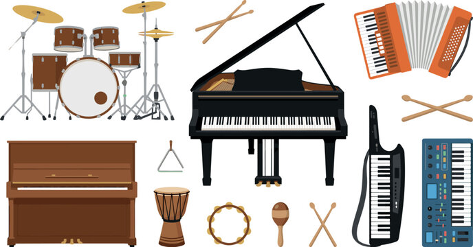 Musical Instrument Vector Set Featuring Grand Piano Drum Kit Accordion Keyboard Keytar Tambourine and Percussion Icons for Concert Posters Education and Music School Branding