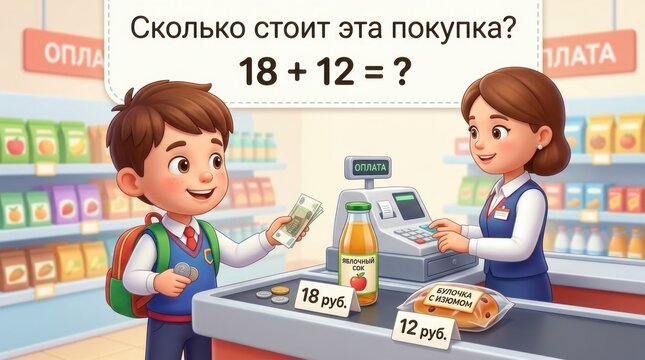Illustration of young boy purchasing items at a store checkout with cashier, math question above