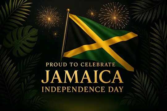 Jamaica Independence Day greeting background with the Proud to Celebrate Jamaica Independence Day, elegant gold typography, waving Jamaican flag, tropical foliage frame, fireworks illuminating 