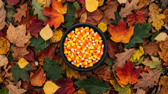 Bowl of candy corn centered on a bed of colorful autumn fall leaves
