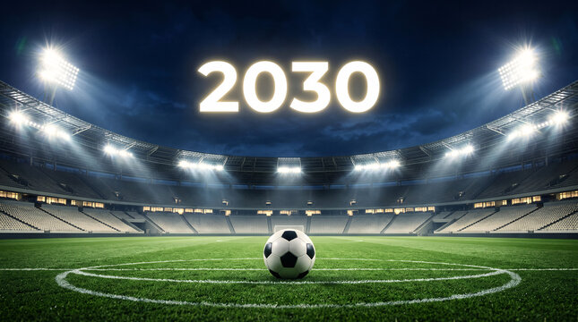Ballon de football sous le nombre 2030 dans un stade nocturne