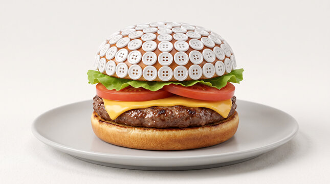 Hamburger insolite avec un pain recouvert de boutons blancs