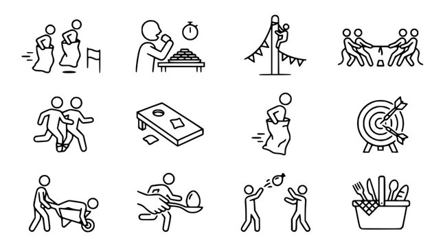 Summer Outdoor Games Icon Set: Sack Race, Tug of War, Egg Spoon Race, Picnic Basket