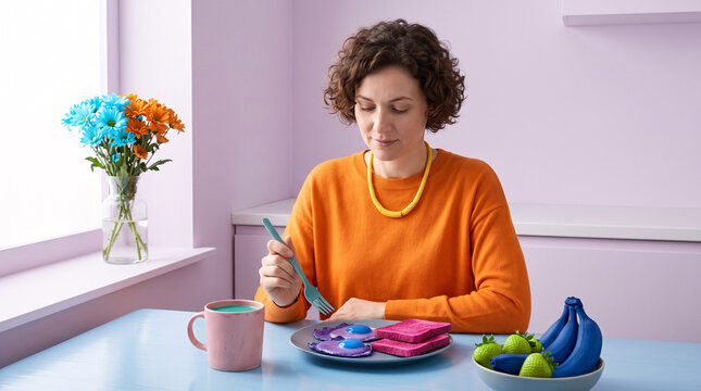 Femme prenant un petit d&eacute;jeuner color&eacute; dans un int&eacute;rieur aux tons pastel