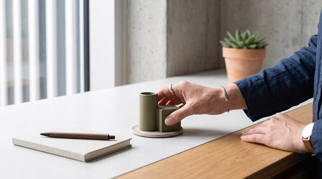 Main posant une petite tasse verte pr&egrave;s d&rsquo;un carnet sur un bureau