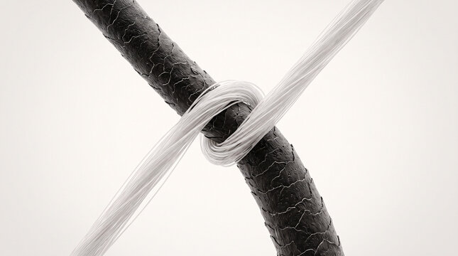 Fibres capillaires noires et blanches nou&eacute;es en macrophotographie