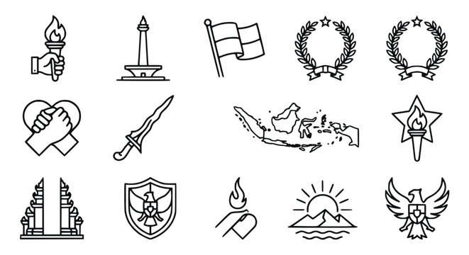 Indonesia National Symbols Icons Set: Flag, Torch, Map, Kris Sword, Monas, Garuda