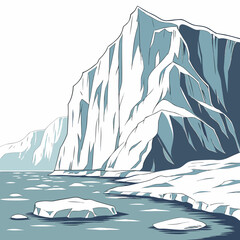 A flat of a massive glacier cliff face rising above cold arctic waters with floating icebergs in a minimalist style © sabrina1122