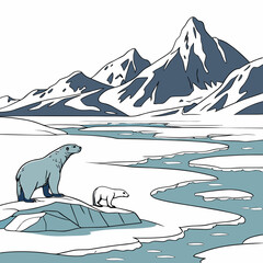 A polar bear and her cub standing on a small ice floe in a vast arctic landscape with snowy mountains and frozen water, flat © sabrina1122
