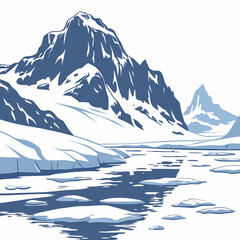 A scenic view of jagged snowy mountains reflecting in the cold arctic waters with scattered icebergs, a flat landscape © sabrina1122