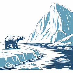 A polar bear standing on the edge of a snowy ice shelf looking out over a cold arctic sea with large glaciers in the background © sabrina1122