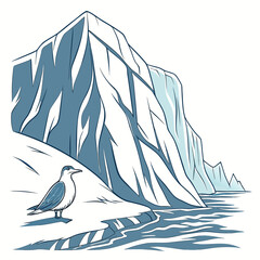 A seagull standing on a snowy shore next to the cold arctic sea, with a large, jagged glacier rising in the background © sabrina1122