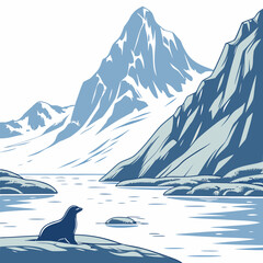 A lone seal resting on a rocky ice shelf in a vast arctic landscape with towering snow-capped mountains under a clear white sky background © sabrina1122