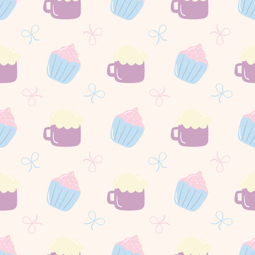 Celebration Birthday seamless pattern. Kawaii cupcake cake and a cup of chocolate on a light orange background.