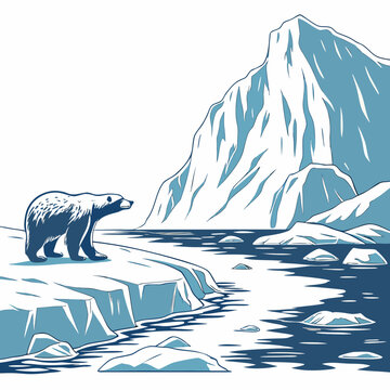 A polar bear standing on the edge of a snowy ice shelf looking out over a cold arctic sea with large glaciers in the background