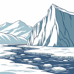 A towering, sharp mountain peak standing next to a winding river of dark water with scattered white ice floes in a cold, frozen arctic setting © sabrina1122