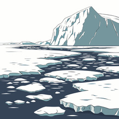 A towering, sharp mountain peak standing next to a winding river of dark water with scattered white ice floes in a cold, frozen arctic setting © sabrina1122