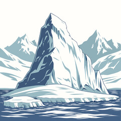 Large iceberg floating in cold arctic water with snowy mountain peaks in the background, in blue and white tones © sabrina1122