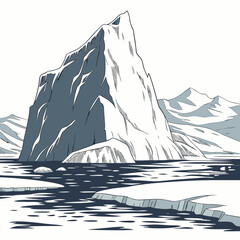 Massive glacier iceberg floating in dark arctic sea with distant snowy mountain range, in blue and white color palette © sabrina1122