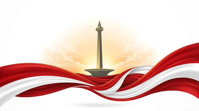 Indonesian National Monument Monas Illustration with Waving Red and White Flag Background for Independence Day Celebration