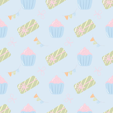 Celebration Birthday seamless pattern. Kawaii matcha cake and a chocolate gift box on a light blue background.