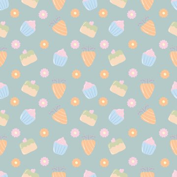 Celebration Birthday seamless pattern. Kawaii cupcake and matcha cake on a light green background.