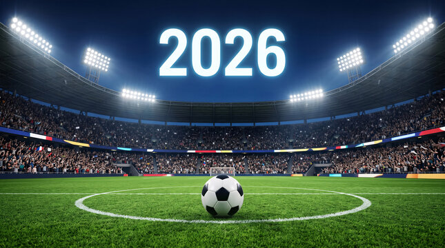 Ballon de football devant le nombre 2026 dans un stade rempli de supporters