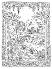 Obraz premium Enchanting Countryside Cottage with Stone Bridge and Garden Coloring Page for Adults
