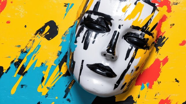 Abstract artistic human face mask with vibrant paint splatters for creative graphic design projects