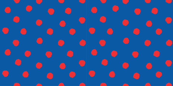 Playful seamless polka dot pattern with bright red circles on deep blue background, perfect for fabric, wallpaper, stationery, wrapping paper and cheerful surface design collections