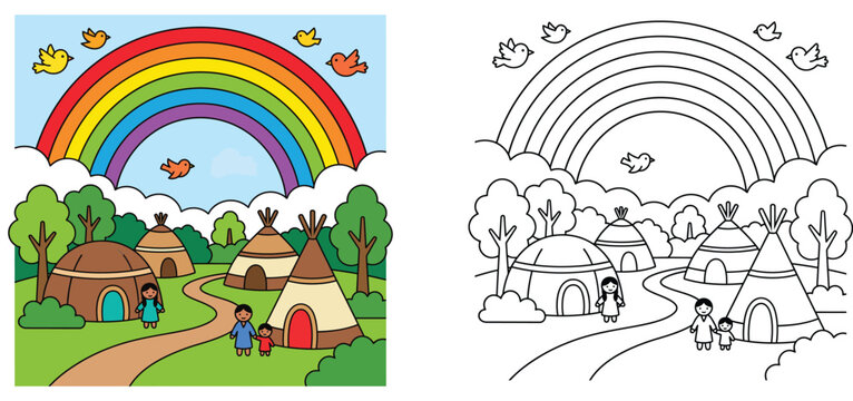 Kids coloring book page and colored illustration of a Native American village with tipis, people, birds, and a rainbow