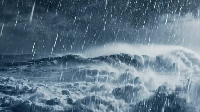 Powerful Ocean Waves Crashing During Stormy Weather.