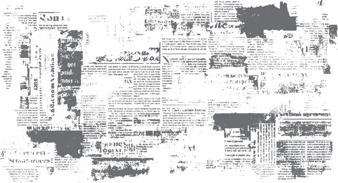 Collage of distressed vintage newspaper clippings with overlapping text and dark gray ink smudges print