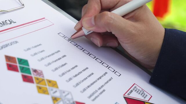 A safety engineer is using pen to rating the health risk assessment level of chemical hazardous material in the paperwork form. Industrial safety working scene, close-up and selecitve focus.
