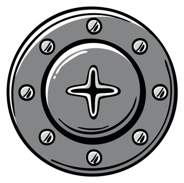 Round metal plate with a crosshead screw in the center, cartoon style