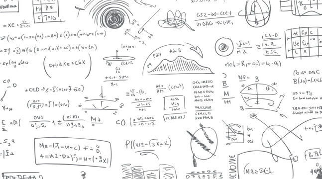 Hand drawn scientific formulas equations diagrams and graphs on white background science math