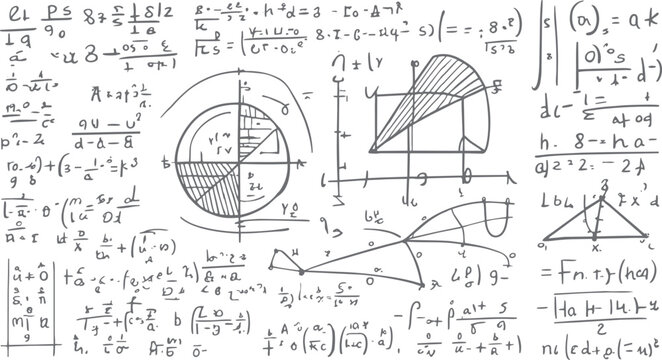 Hand drawn mathematical equations and geometric diagrams on a white background with various formulas and graphs