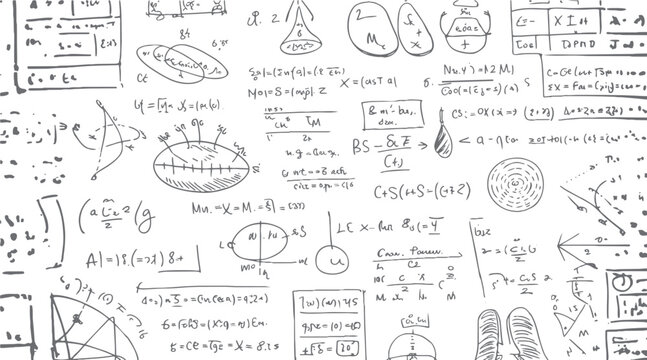 Hand drawn scientific formulas equations diagrams and geometric shapes on a white background science
