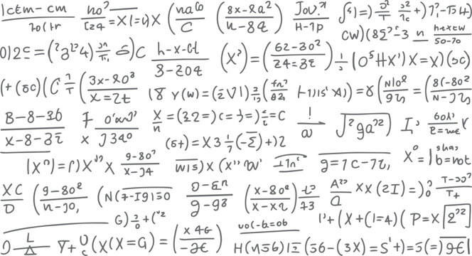 Handwritten mathematical equations and formulas on a white background with gray ink mathematics algebra