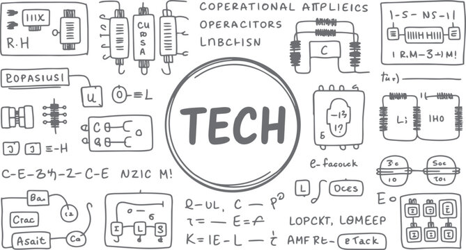 Hand drawn schematic diagrams and equations with the word tech in a circle technical science engineering