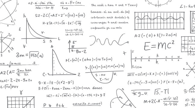 Hand drawn mathematical equations and graphs on a white background with physics and geometry diagrams