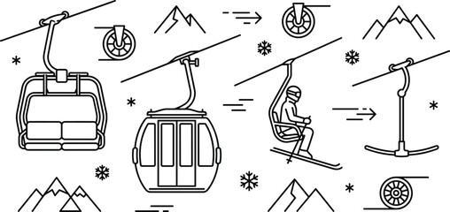 Ski lift and cable car line icon set with mountain gondola chairlift t-bar and skier vector © MSTJANNATUN